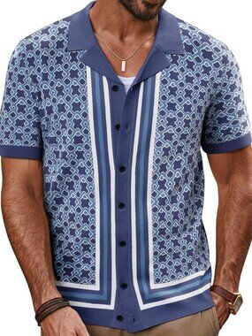Men's Blue-purple Vintage Cuban Collar Knit Polo Shirt Button Down Shirt